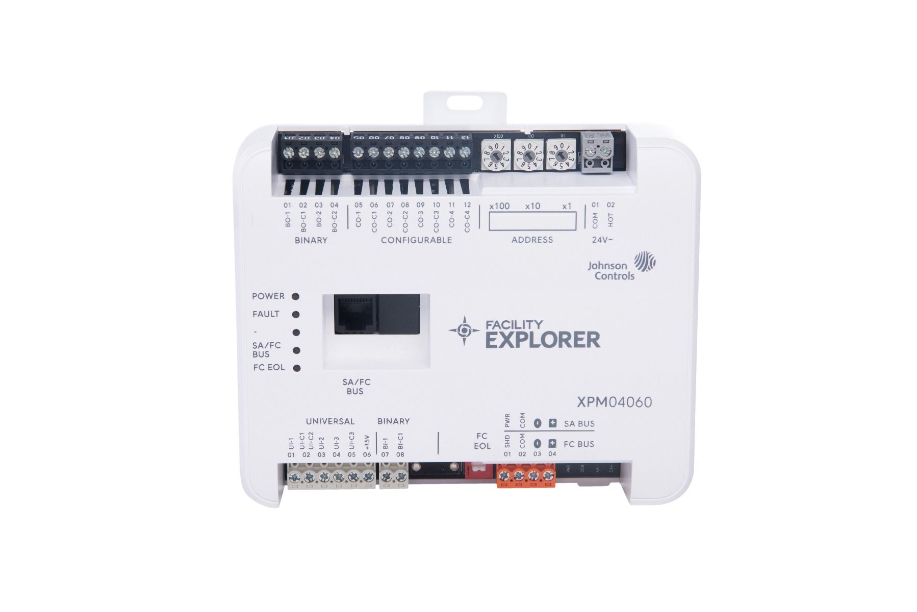 F4-XPM04060-0 | 10-point Input/Output Expansion Module. Includes: MS/TP communication; 10 points (3 UI 1 BI 4 CO 2 BO); 24 VAC input.
